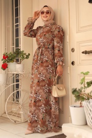 Neva Style - Çiçek Desenli Taba Tesettür Elbise 29710TB - Thumbnail