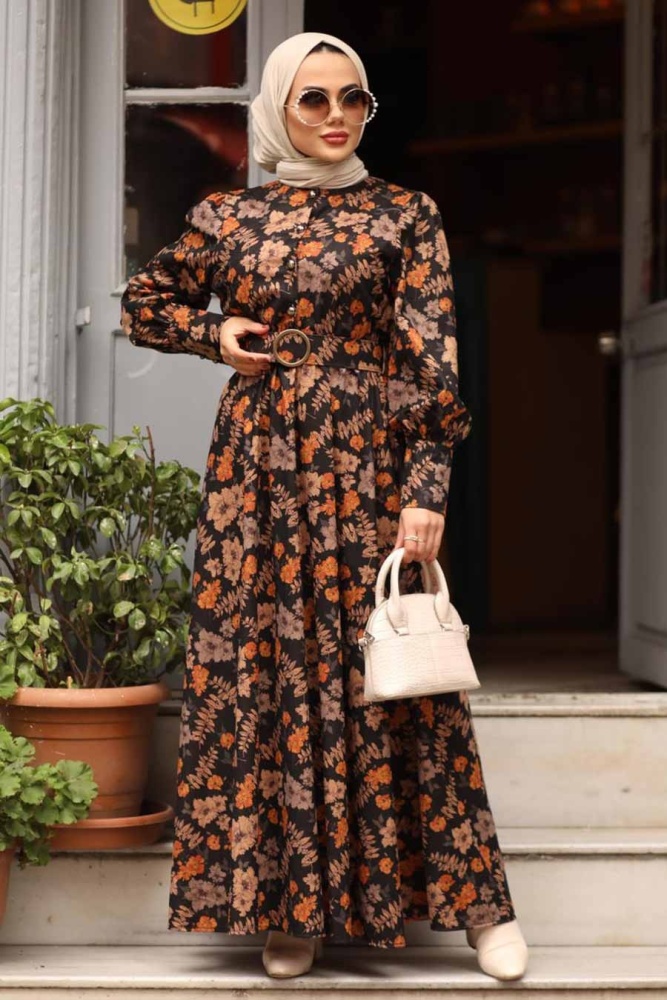 Neva Style - Çiçek Desenli Taba Tesettür Elbise 44670TB - 1