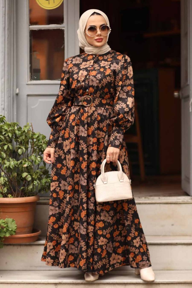 Neva Style - Çiçek Desenli Taba Tesettür Elbise 44670TB - 2