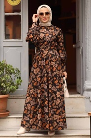 Neva Style - Çiçek Desenli Taba Tesettür Elbise 44670TB - Thumbnail