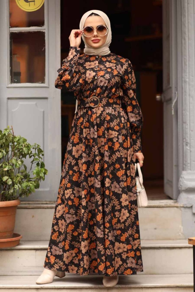 Neva Style - Çiçek Desenli Taba Tesettür Elbise 44670TB - 3