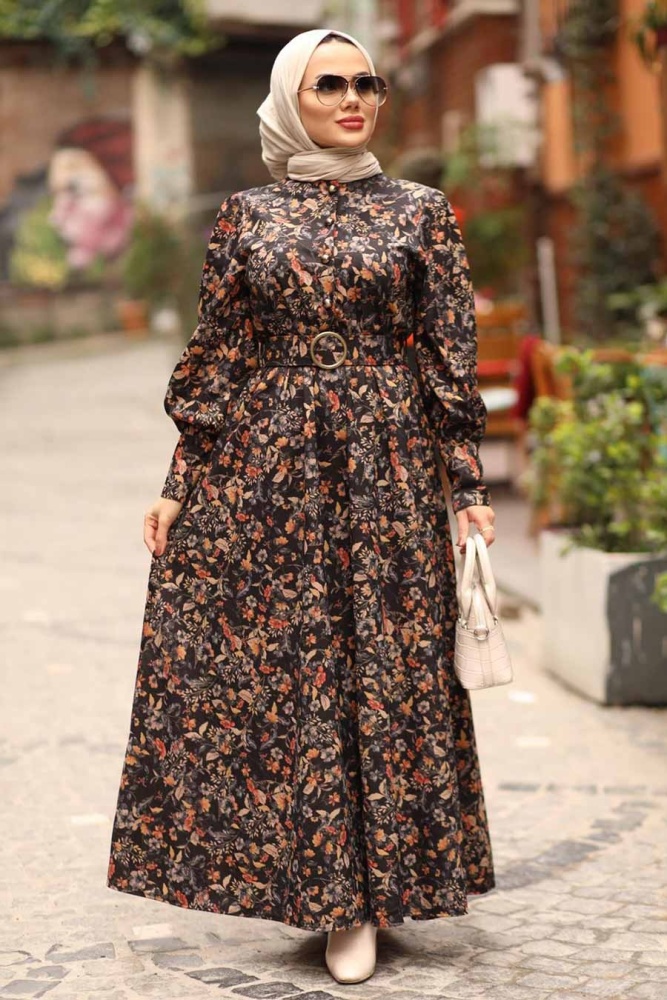 Neva Style - Çiçek Desenli Taba Tesettür Elbise 44671TB - 1