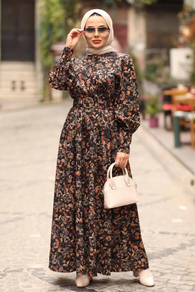 Neva Style - Çiçek Desenli Taba Tesettür Elbise 44671TB - 3