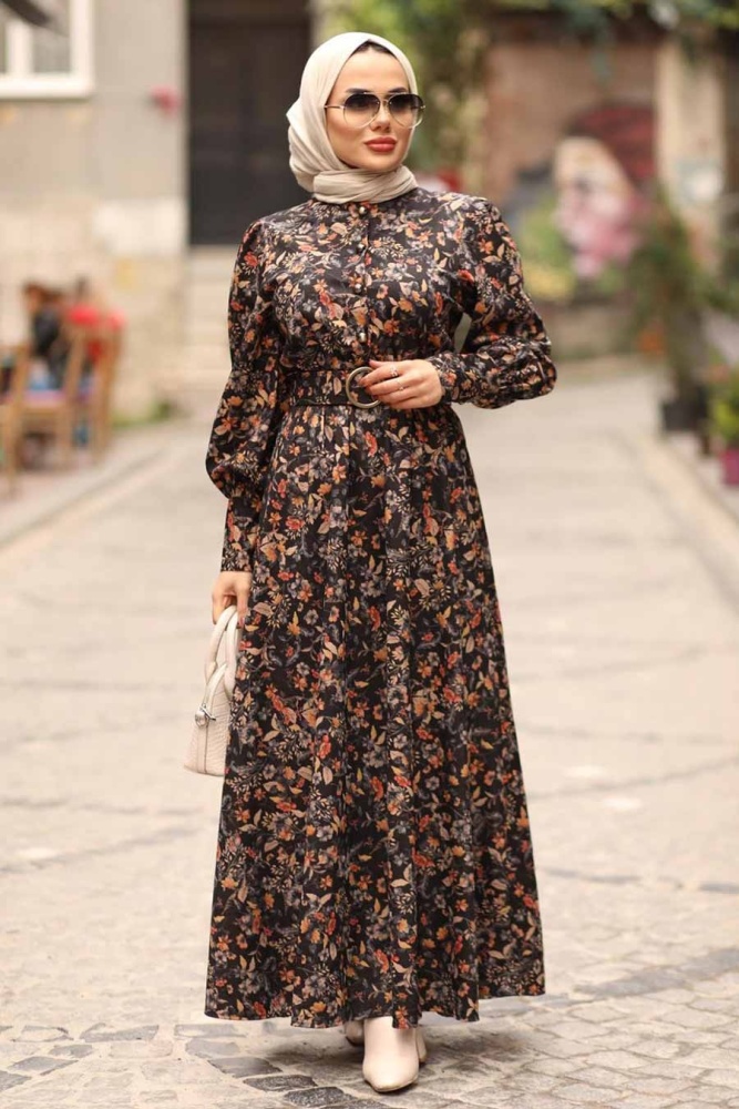 Neva Style - Çiçek Desenli Taba Tesettür Elbise 44671TB - 2