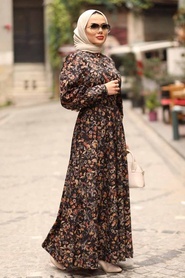 Neva Style - Çiçek Desenli Taba Tesettür Elbise 44671TB - Thumbnail