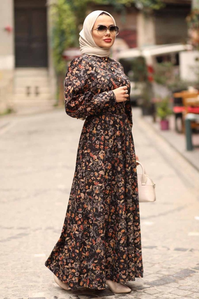 Neva Style - Çiçek Desenli Taba Tesettür Elbise 44671TB - 4