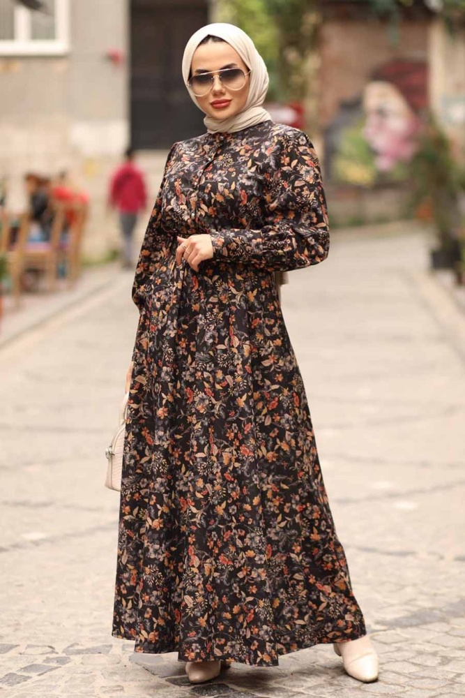 Neva Style - Çiçek Desenli Taba Tesettür Elbise 44671TB - 5