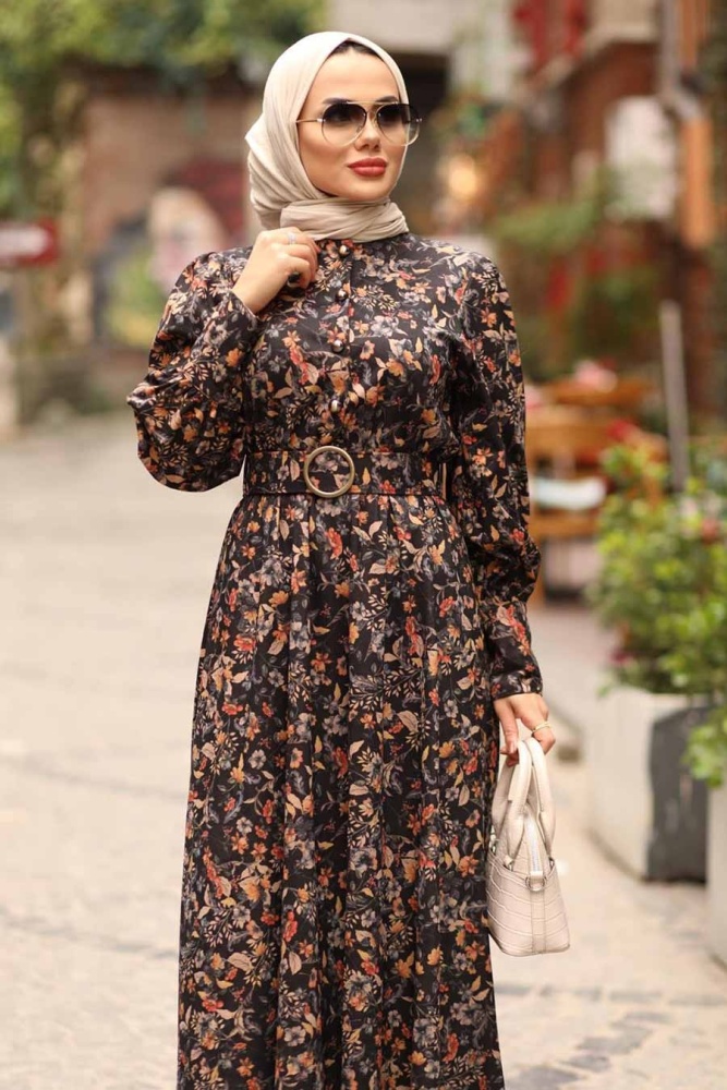 Neva Style - Çiçek Desenli Taba Tesettür Elbise 44671TB - 6