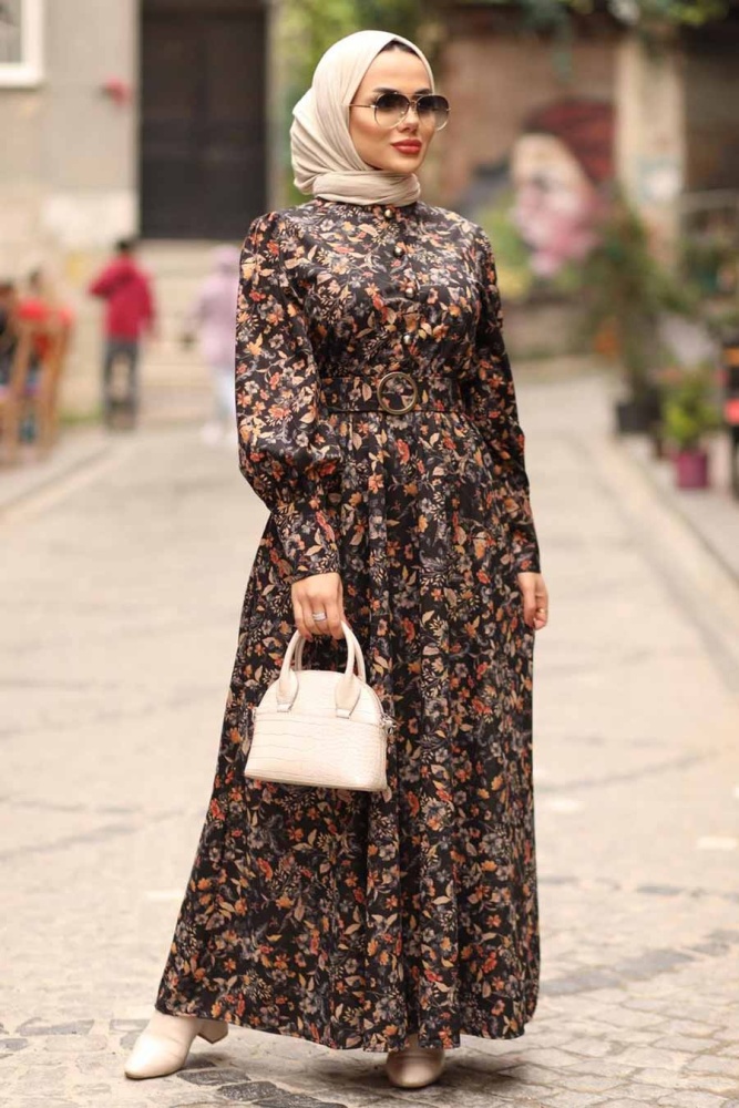 Neva Style - Çiçek Desenli Taba Tesettür Elbise 44671TB - 7