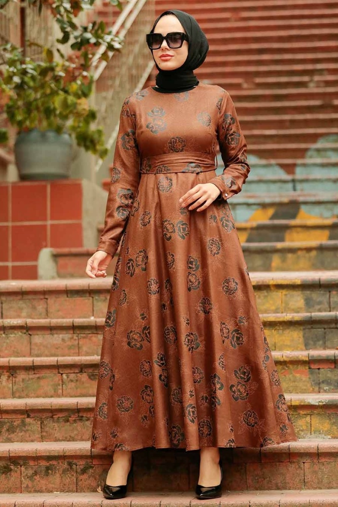 Neva Style - Çiçek Desenli Taba Tesettür Elbise 75910TB - 5