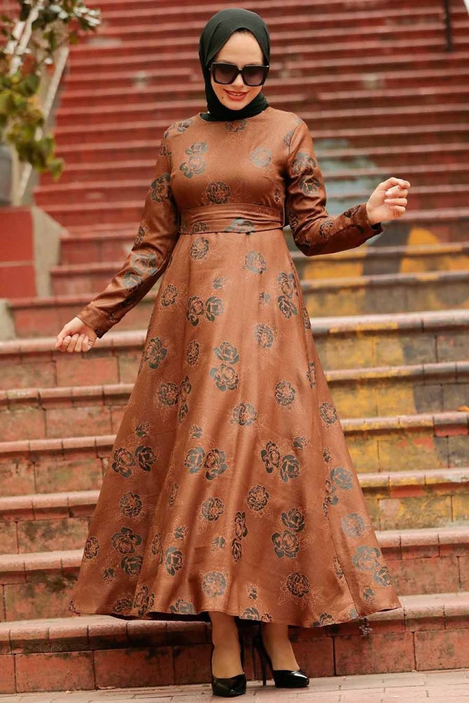 Neva Style - Çiçek Desenli Taba Tesettür Elbise 75910TB - 2