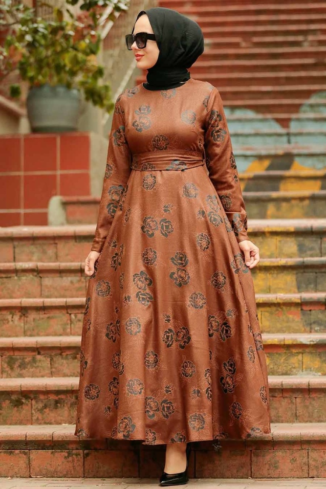 Neva Style - Çiçek Desenli Taba Tesettür Elbise 75910TB - 3