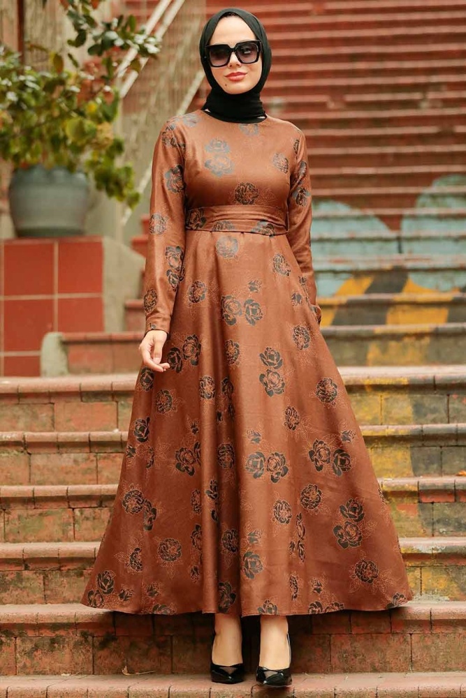 Neva Style - Çiçek Desenli Taba Tesettür Elbise 75910TB - 4