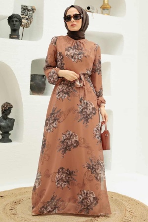 Neva Style - Çiçek Desenli Taba Tesettür Elbise 27921TB - 1