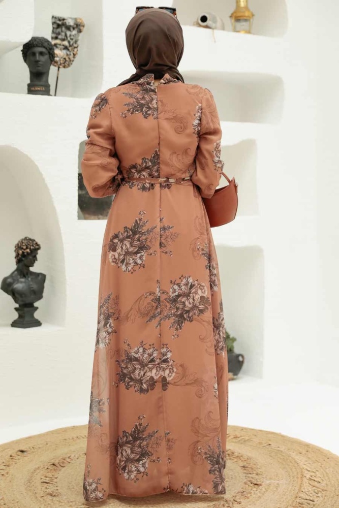 Neva Style - Çiçek Desenli Taba Tesettür Elbise 27921TB - 2