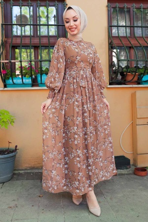 Neva Style - Çiçek Desenli Taba Tesettür Elbise 5683TB - 1