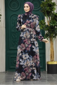 Neva Style - Çiçek Desenli Taş Tesettür Elbise 279318TAS - Thumbnail