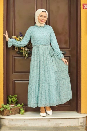 Neva Style -Çiçek Desenli Turkuaz Tesettür Elbise 1477TR - 1