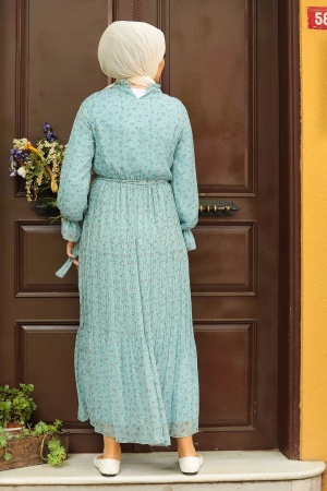 Neva Style -Çiçek Desenli Turkuaz Tesettür Elbise 1477TR - 2