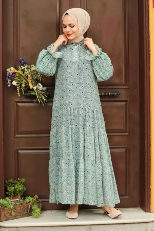 Neva Style -Çiçek Desenli Turkuaz Tesettür Elbise 1482TR - 1