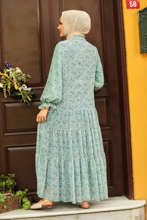 Neva Style -Çiçek Desenli Turkuaz Tesettür Elbise 1482TR - 4
