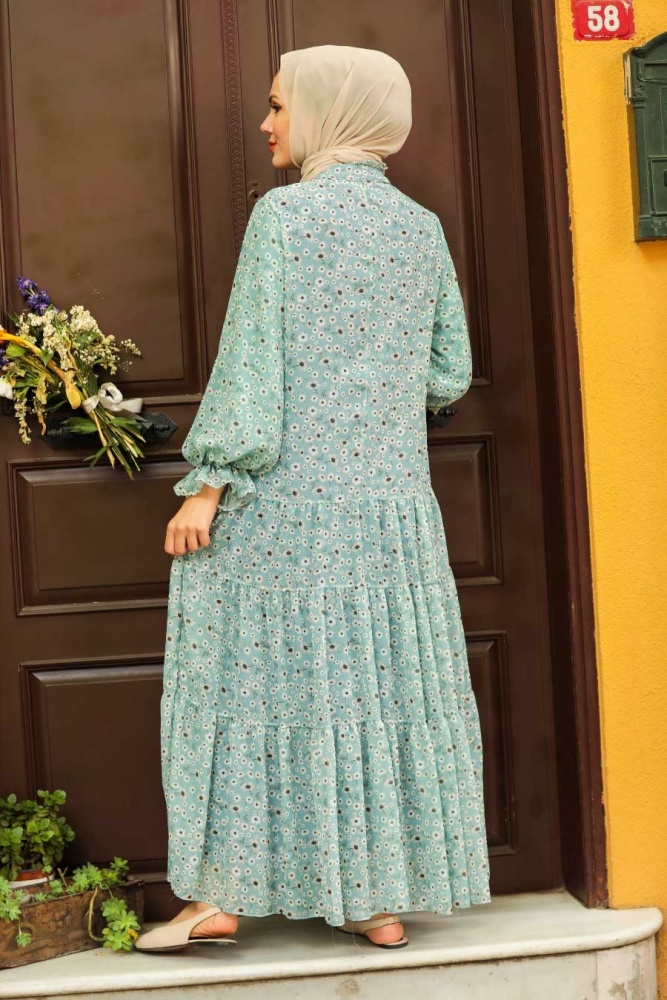 Neva Style -Çiçek Desenli Turkuaz Tesettür Elbise 1482TR - 4