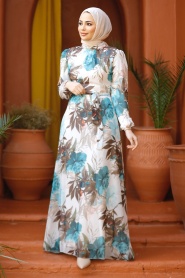 Neva Style - Çiçek Desenli Turkuaz Tesettür Elbise 27932TR - Thumbnail