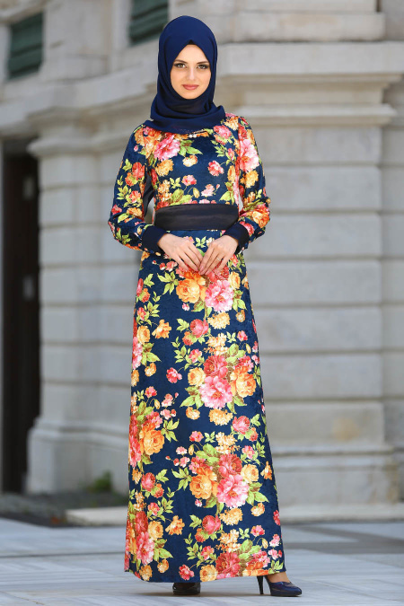 Neva Style - Çiçek Desenli Turuncu Kadife Tesettür Elbise 2088T