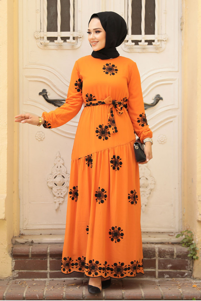 Neva Style - Çiçek Desenli Turuncu Tesettür Elbise 1332T - 2
