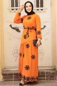 Neva Style - Çiçek Desenli Turuncu Tesettür Elbise 1332T - Thumbnail