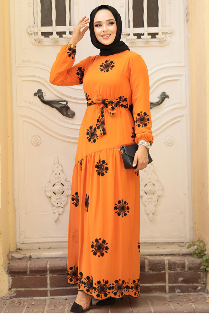 Neva Style - Çiçek Desenli Turuncu Tesettür Elbise 1332T - 1