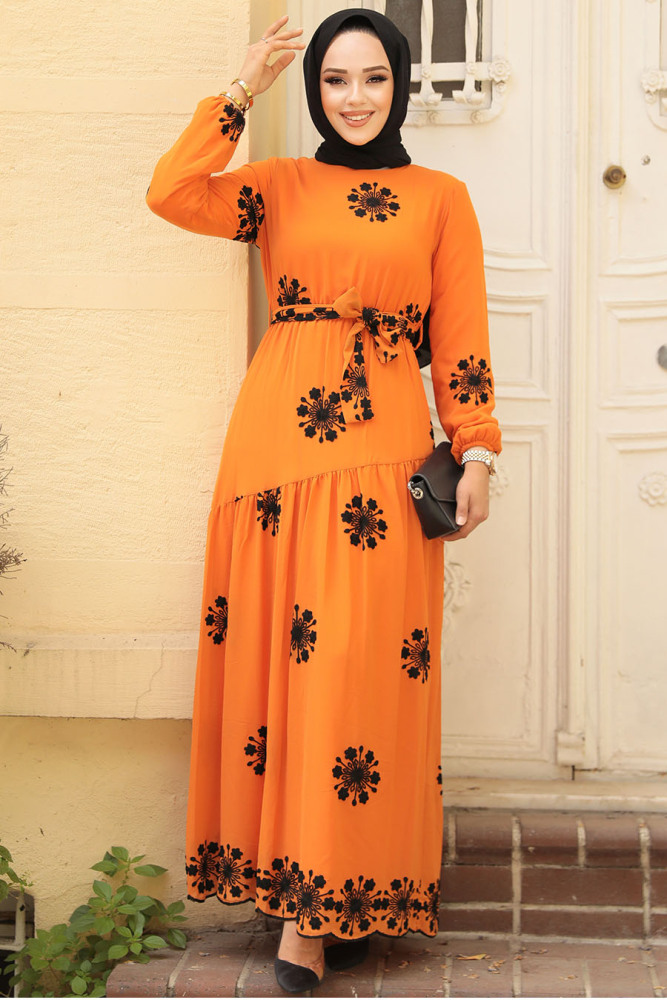 Neva Style - Çiçek Desenli Turuncu Tesettür Elbise 1332T - 3