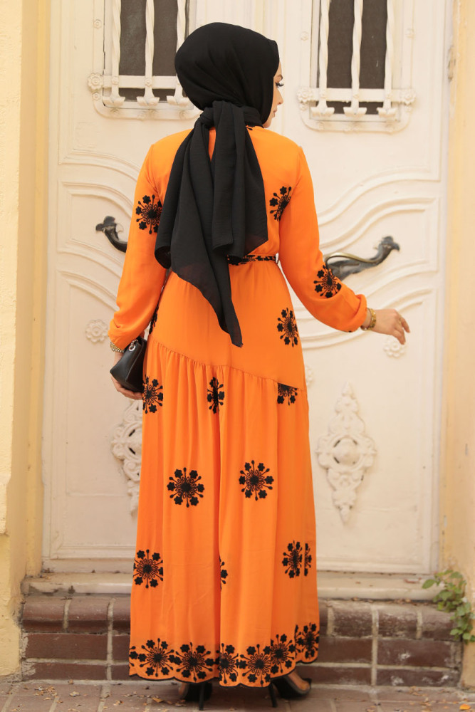 Neva Style - Çiçek Desenli Turuncu Tesettür Elbise 1332T - 4