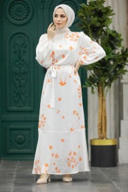Neva Style - Çiçek Desenli Turuncu Tesettür Elbise 5901T - Thumbnail