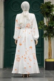 Neva Style - Çiçek Desenli Turuncu Tesettür Elbise 5901T - Thumbnail