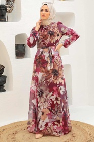 Neva Style - Çiçek Desenli Vişne Tesettür Elbise 27925VSN - Thumbnail