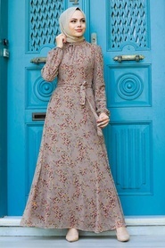 Neva Style -Çiçek Desenli Vizon Tesettür Elbise 279011V - Thumbnail