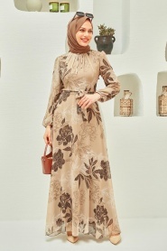 Neva Style - Çiçek Desenli Vizon Tesettür Elbise 279062V - Thumbnail