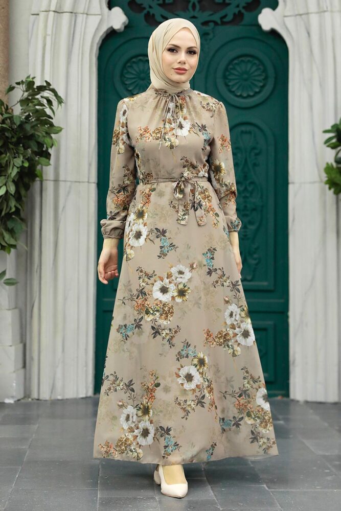 Neva Style - Çiçek Desenli Vizon Tesettür Elbise 279078V - 1