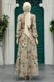 Neva Style - Çiçek Desenli Vizon Tesettür Elbise 279078V - Thumbnail