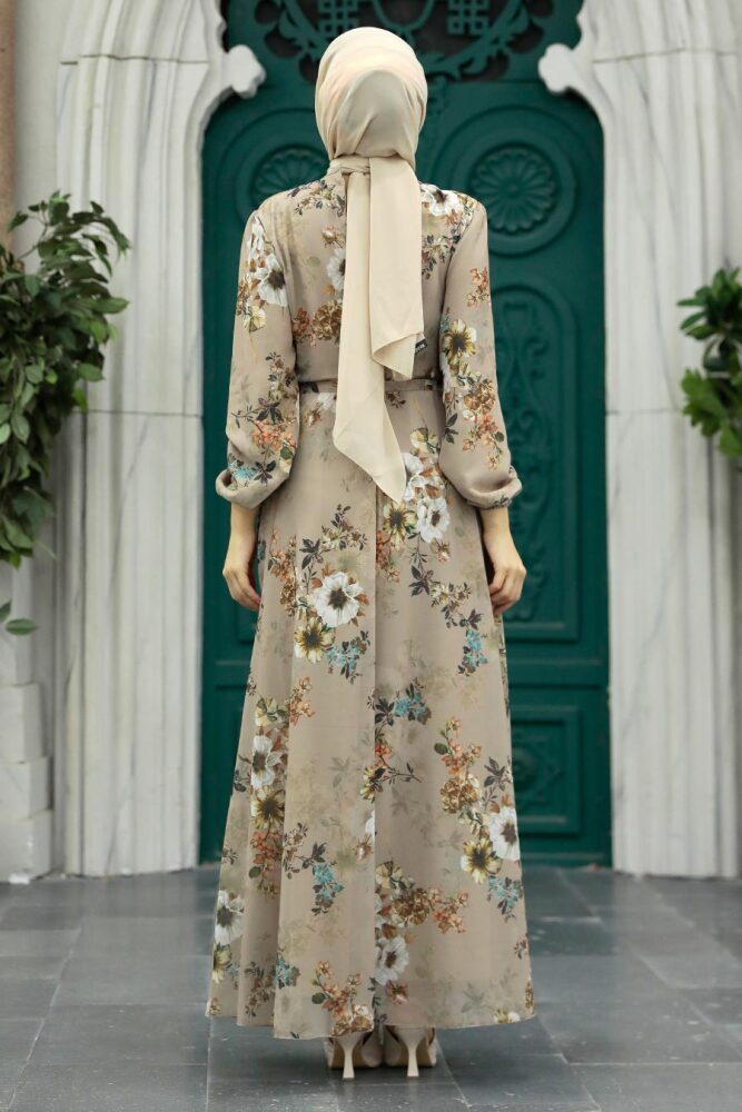 Neva Style - Çiçek Desenli Vizon Tesettür Elbise 279078V - 2