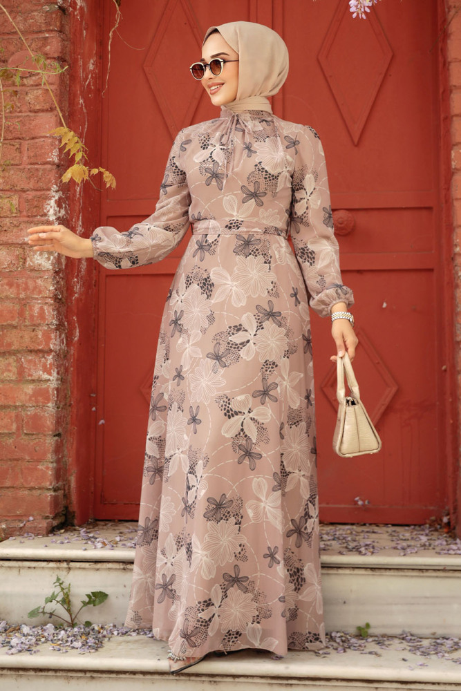 Neva Style - Çiçek Desenli Vizon Tesettür Elbise 279079V - 1