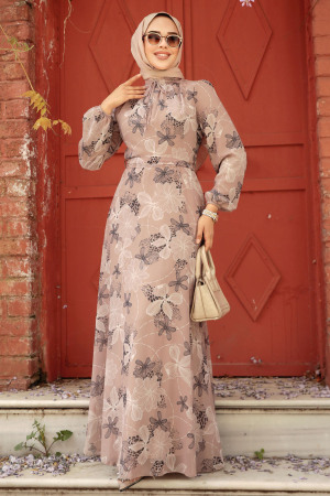 Neva Style - Çiçek Desenli Vizon Tesettür Elbise 279079V - 2