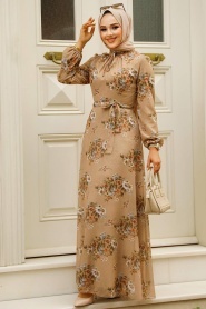 Neva Style - Çiçek Desenli Vizon Tesettür Elbise 279082V - Thumbnail