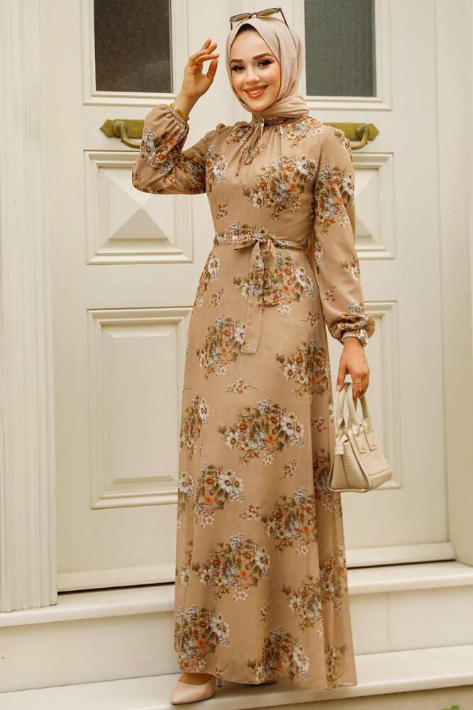 Neva Style - Çiçek Desenli Vizon Tesettür Elbise 279082V - 1