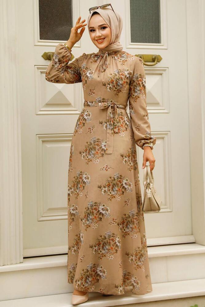 Neva Style - Çiçek Desenli Vizon Tesettür Elbise 279082V - 2