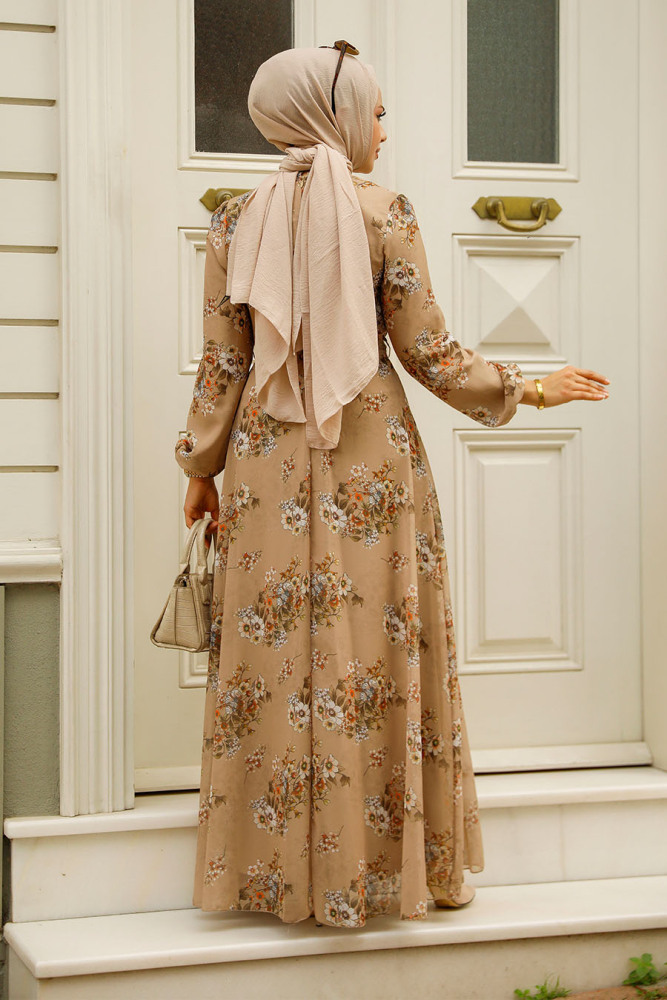 Neva Style - Çiçek Desenli Vizon Tesettür Elbise 279082V - 3