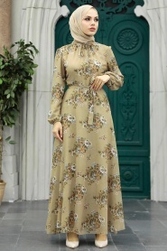 Neva Style - Çiçek Desenli Vizon Tesettür Elbise 279082V - Thumbnail