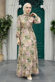 Neva Style - Çiçek Desenli Vizon Tesettür Elbise 279083V - Thumbnail