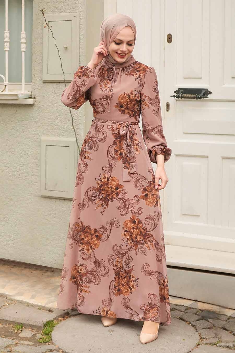 Neva Style - Çiçek Desenli Vizon Tesettür Elbise 27921V